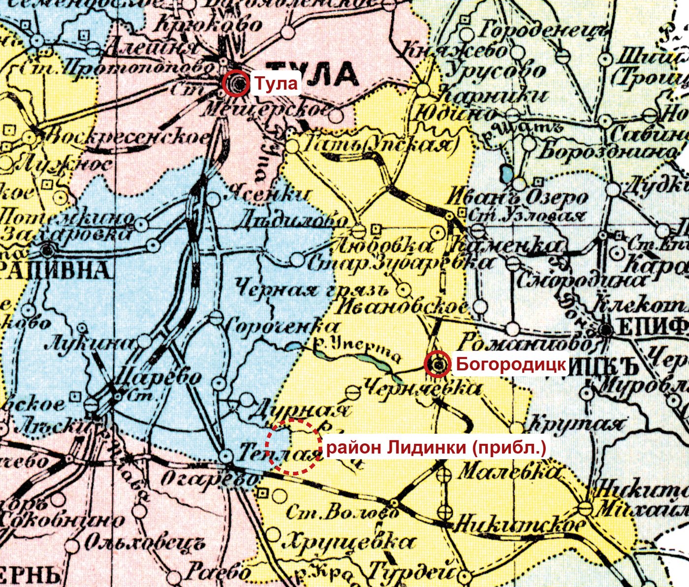 Tula province, 1913: Bogoroditsky district, villages of Chernyaevka and Tyoploye. Somewhere here, on the Mutnaya River, stood Lidinka - the homeland of the Bushins and Fetisovs (approximate mark).