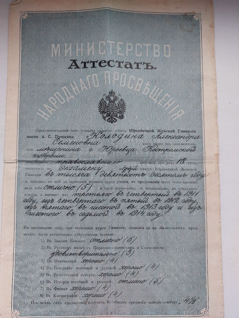 Certificate of Alexandra Kolodina, 1915. Find the average score of 4⅛.